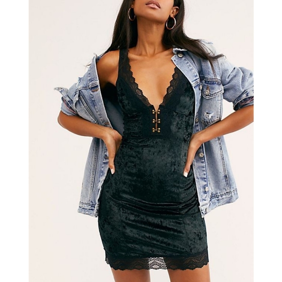 Free People Wait For It Velvet Lace Trim Mini Dress Black XS - Picture 14 of 14